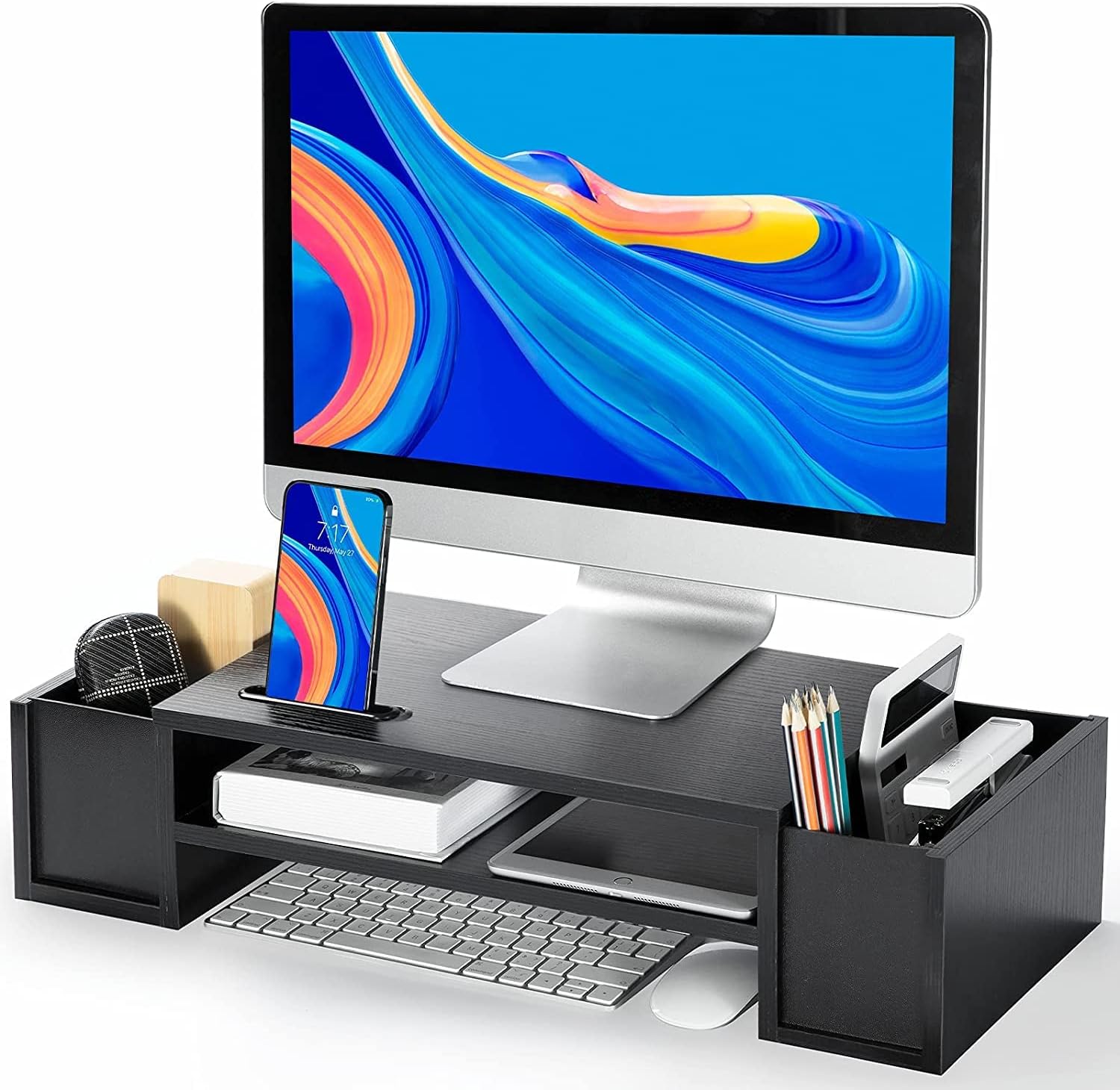 AMERIERGO Monitor Stand Desk Organization with DIY Storage Space, Monitor Riser Stand with Storage with 2 Slots & Phone Holder, Computer Stand 2 Tier for Home Office Use - Image 1